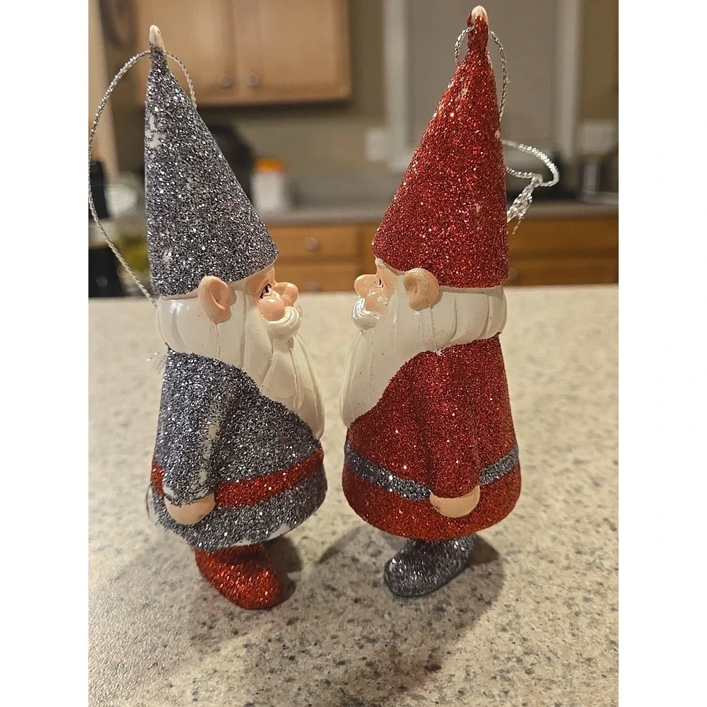 Midwest C B K Snow Globe Santa Lighted Glitter & 2 GNOME Elf Ornaments‎ Trd Gray